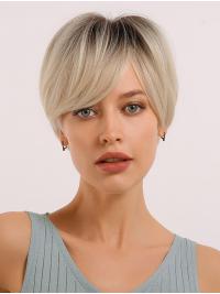 Pixie Cut Wigs for Women Light Platinum Blonde with Dark Brown Roots Wig Heat Resistant Synthetic Wig for Daily Wear